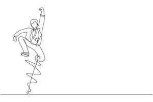 Single one line drawing happy businessman jump with folds one leg and raises one hand. Male manager celebrating success of increasing company product sales. Continuous line draw graphic design vector