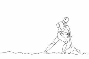 Single one line drawing robot tries to draw stuck excalibur sword from stone. Future technology. Artificial intelligence machine learning process. Continuous line design graphic vector illustration