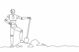 Single continuous line drawing happy robot standing near digging hole after work. Robotic artificial intelligence. Electronic technology industry. One line draw graphic design vector illustration