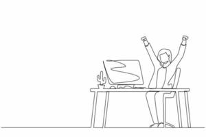Single continuous line drawing happy businesswoman sitting with raised hands on the her workplace. Office worker celebrates salary increase from company. One line graphic design vector illustration
