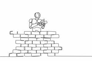 Single one line drawing robot repairman building brick wall