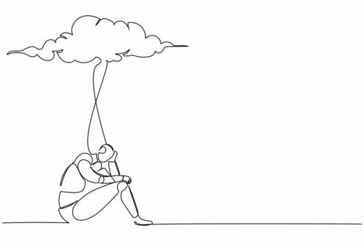Single continuous line drawing unhappy robot feeling stress and sad. Sitting under rain cloud. Robotic artificial intelligence. Electronic technology industry. One line draw design vector illustration