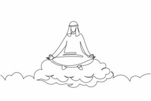 Continuous one line drawing Arabian businessman meditates and resting in lotus position on clouds. Relaxing Arab man with yoga or meditation pose. Single line draw design vector graphic illustration