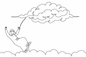 Single continuous line drawing Arab businessman falling from cloud sky. Financial crisis tragedy. Loses business and job. Employee dismissal at work. One line draw graphic design vector illustration