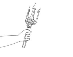 Single one line drawing hand holding trident. Three-pronged spear, weapon of Poseidon, Neptune. Tridents icon flat style isolated on white background. Continuous line draw design vector illustration