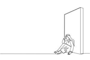 Single continuous line drawing upset Arabic businessman sitting on floor and lean against wall. Business concept in failure, sad, lonely, bankruptcy or negative expression. One line draw design vector