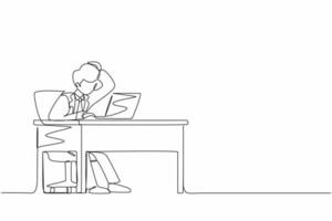 Continuous one line drawing male manager working on computer laptop. Businessman with question mark over head scratches back of his head sitting in front of laptop. Single line design vector graphic