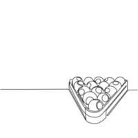 Single continuous line drawing pool or American billiards balls in triangle. Snooker balls with numbers in wooden rack for pool room sport game or championship tournament. One line draw design vector