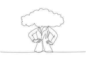 Single continuous line drawing cloud head businesswoman. Woman with empty head and cloud instead. Distracted, daydreaming, absent, impractical concept. One line draw graphic design vector illustration