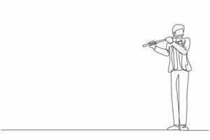 Continuous one line drawing male musician playing flute, standing in suit. Flutist performing classical music on wind instrument. Solo performance of talented flautist. Single line draw design vector