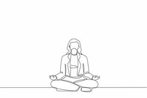 Continuous one line drawing young businesswoman doing yoga. Office worker sitting in yoga pose, meditation, relaxing, calm down and manage stress. Single line draw design vector graphic illustration
