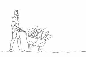 Continuous one line drawing robot walking and pushing trolley full of diamonds. Humanoid robot cybernetic organism. Future robotics development concept. Single line design vector graphic illustration