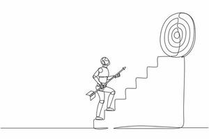 Single continuous line drawing robot holding arrow running up stairway to high target. Robotic artificial intelligence. Electronic technology industry. One line draw graphic design vector illustration