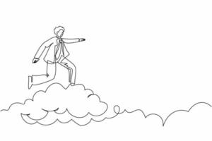 Single continuous line drawing businessman riding cloud on the sky, pointing forward, go to future, business concept. Manager on cloud way to success. One line draw graphic design vector illustration