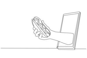 Single one line drawing hand holding hotdog through mobile phone. Concept of restaurant order delivery online food. Application for smartphones. Continuous line draw design graphic vector illustration