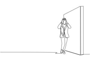 Single continuous line drawing Arab businesswoman standing and confused in front of huge brick wall barriers. Scene for wrong business decision, mistake, deadlock. One line draw graphic design vector