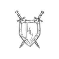 Continuous one line drawing shield and crossed swords icon, flat design swords and shield vector icon, sword icon conception with shield icon, blade and shield. Single line draw vector illustration