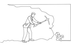 Single continuous line drawing businessman digging with pickaxe to get diamond. Worker digging and mining for diamond in an underground tunnel. Dynamic one line draw graphic design vector illustration