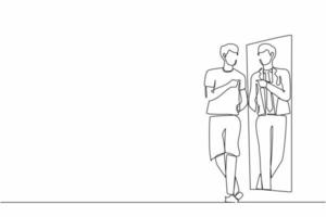 Continuous one line drawing man looking in big mirror see himself as successful businessman wearing expensive suit. Poor man dream to become wealthy businessman. Single line draw design vector graphic