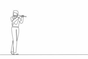 Single continuous line drawing female musician playing flute. Flutist performing classical music on wind instrument. Solo performance of talented flautist. One line graphic design vector illustration