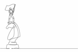 Continuous one line drawing robots riding big chess horse knight and holding flag. Humanoid robot cybernetic organism. Future robotics development concept. Single line draw design vector illustration