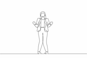 Continuous one line drawing happy businesswoman standing with both hands do gesture yes. Young office worker celebrate success of company project. Single line draw design vector graphic illustration