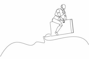 Single continuous line drawing robot riding and flying with briefcase rockets. Humanoid robot cybernetic organism. Future robotics development concept. One line draw graphic design vector illustration