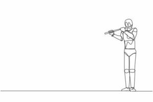 Single continuous line drawing robot flutist performing classical music on wind instrument. Robotic artificial intelligence. Electronic technology industry. One line graphic design vector illustration