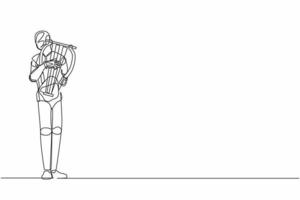 Continuous one line drawing robot musician playing musical lyre on stage. Classical music orchestra. Humanoid robot cybernetic. Future robotic development. Single line draw design vector illustration