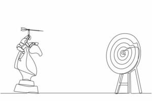 Single continuous line drawing robots holding dart arrow while riding chess knight piece. Modern robotics artificial intelligence. Electronic technology industry. One line draw graphic design vector