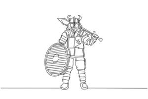 Continuous one line drawing norseman viking warrior raider barbarian wearing horned helmet with beard holding sword and shield on isolated white background. Single line draw design vector illustration