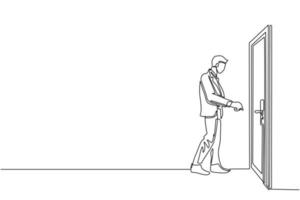 un empresario de dibujo de una línea continua inserta la llave en el ojo de la cerradura que está en la puerta. el hombre abre la puerta de la oficina con llave. concepto de negocio de éxito. gráfico vectorial de diseño de dibujo de una sola línea vector