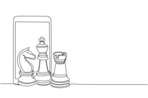 Continuous one line drawing smartphone and chess pieces silhouette icon set isolated on white background. Black chess figures bishop, knight, rook game elements. Single line draw graphic design vector