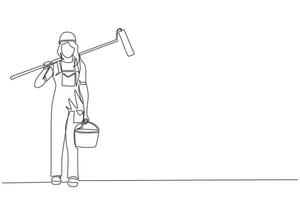 Single continuous line drawing female painter with bucket of paint and paint roller. Professional repairwoman in overalls on the background of apartment renovation. One line draw graphic design vector