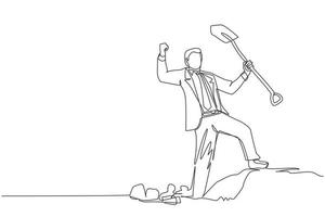 Single one line drawing happy businessman standing and holding shovel on dug ground. Man with excited expression find treasures in dirt. Successful business. Continuous line draw design graphic vector