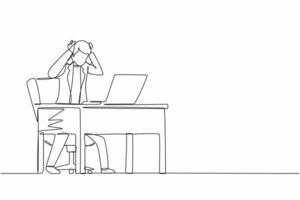 Single one line drawing scary frustrated frightened businesswoman clerk manager stands at laptop, holding head. Office overload, mental stress. Continuous line draw design graphic vector illustration