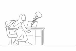 Single one line drawing sad Arabic woman using social media and being punched by boxing gloves from computer laptop. Cyber bullying, online harassment using social media. Continuous line design vector