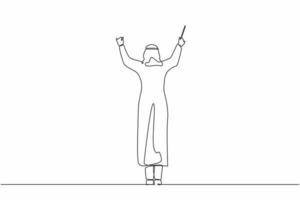 Continuous one line drawing back view of Arab man conductor performing on stage, male musician in tuxedo directing classic instrumental symphony orchestra. Single line draw design vector illustration