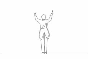 Single continuous line drawing back view of man conductor performing on stage, male musician in tuxedo directing classic instrumental symphony orchestra. One line graphic design vector illustration