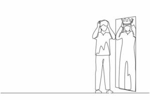 Continuous one line drawing narcissistic Arabian businessman looking at mirror, seeing in reflection of himself with crown on his head. Person overestimate, self confidence. Single line design vector