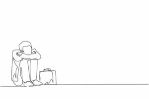 Single continuous line drawing depressed businessman suffer emotion sadness melancholy stress with briefcase sitting in despair on the floor. Worker feeling blue and stress. One line design vector