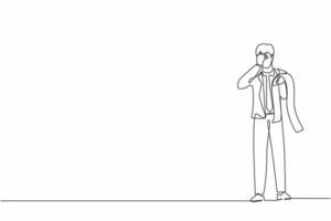 Single continuous line drawing financial problems and bankruptcy concept. Sad depressed businessman standing thinking about finding money for paying bills during crisis. One line graphic design vector