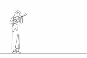 Single one line drawing Arab guy playing on ukulele and singing having fun. Male musician holding small guitar and singing. Man play on musical instrument. Continuous line draw design graphic vector