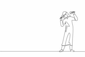 Single one line drawing man street band player mariachi plays maracas. Arabian male with maracas musical instruments, mariachi player at national festival. Continuous line draw design graphic vector