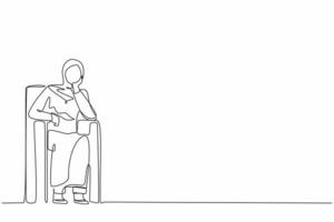 Single continuous line drawing Arab businesswoman sitting at sofa, feeling stressed, alone. Anxious worker sit on couch, crying, feel frustrated, depressed, suffer. One line draw graphic design vector