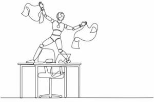 Single one line drawing happy robot dancing on desk celebrating win with throwing papers. Future technology. Artificial intelligence machine learning. Continuous line draw design vector illustration