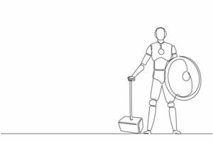 Continuous one line drawing robots stands holding big hammer and shield. Humanoid robot cybernetic organism. Future robotics development concept. Single line draw design vector graphic illustration