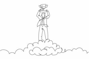 Single one line drawing businessman holding trophy in cloud. Manager celebrates his victory in sky. Business success goal achievement. Winning award. Continuous line graphic design vector illustration