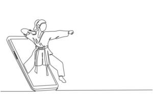 dibujo continuo de una línea karateka mujer en kimono practicando karate punch saliendo de la pantalla del teléfono inteligente. Partidos deportivos móviles. aplicación móvil de juego de karate en línea. vector de diseño de dibujo de una sola línea