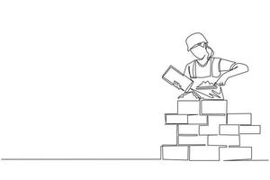 Continuous one line drawing repairwoman building brick wall. Construction worker in uniform and helmet doing work. Builder concept. Repair work services. Single line draw design vector illustration